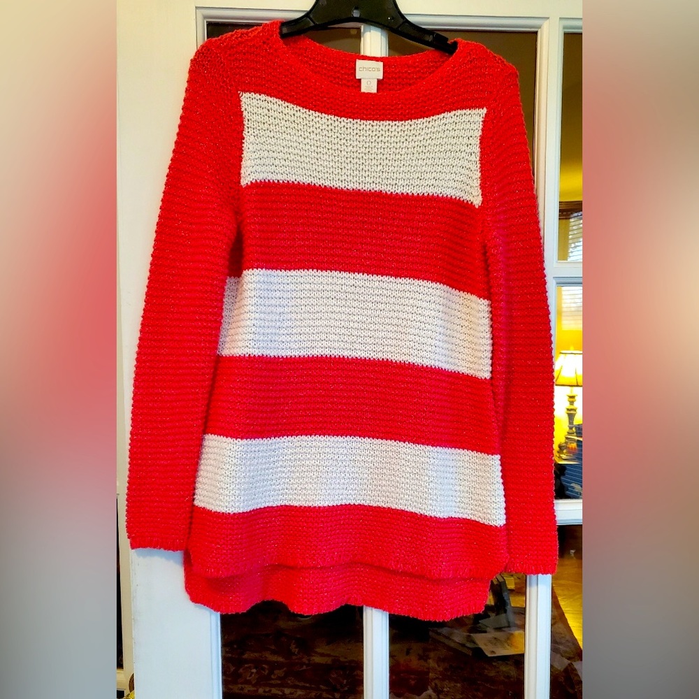 Chico's Harley coral & cream stripe sweater with gold metallic sparkle Sz 0 (S)